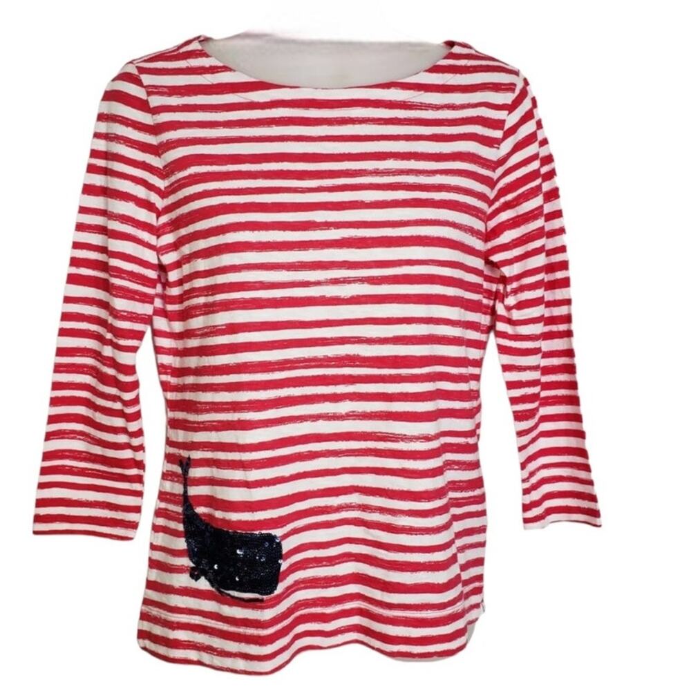 Talbots Nautical Striped Shirt Long Sleeve Red and White Whale 100% Cotton M
